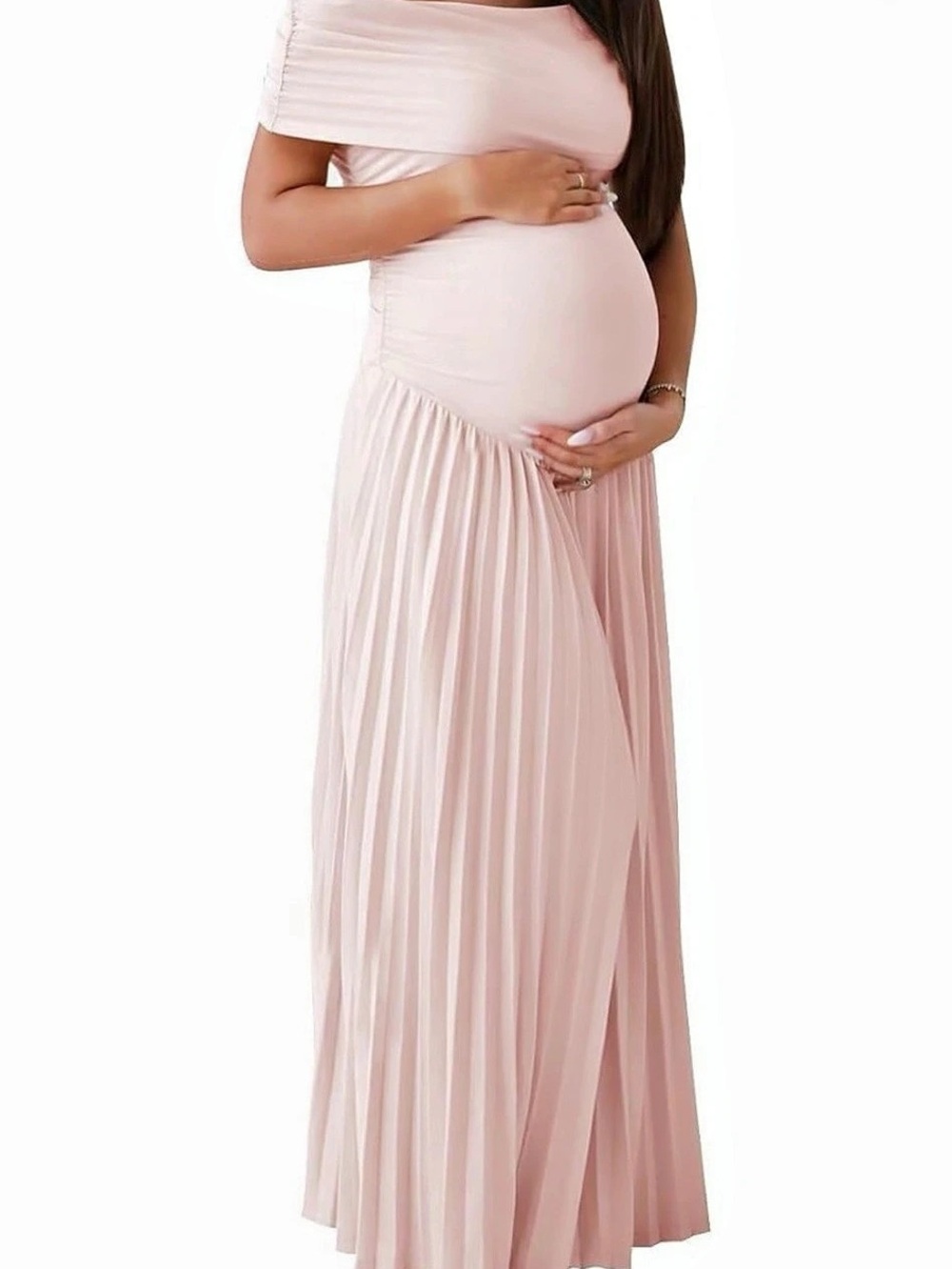 PinkBlush Pleated Ruffle Off Shoulder Maternity Maxi Dress Pink
